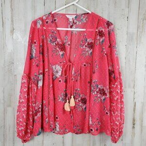 Time and Tru Floral Open Front Top Pink Size Large